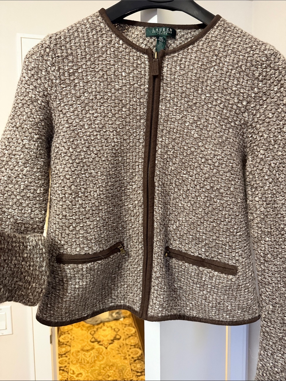 Lauren Ralph Lauren Brown Textured  sweater cardigan zip wool alpaca jacket PM